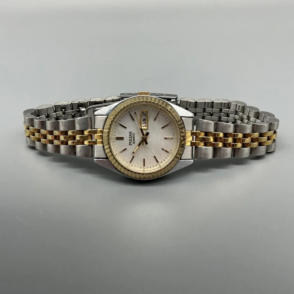 Pulsar Womens Watch 24mm Two Tone Stainless V783-X003 Day Date New Battery